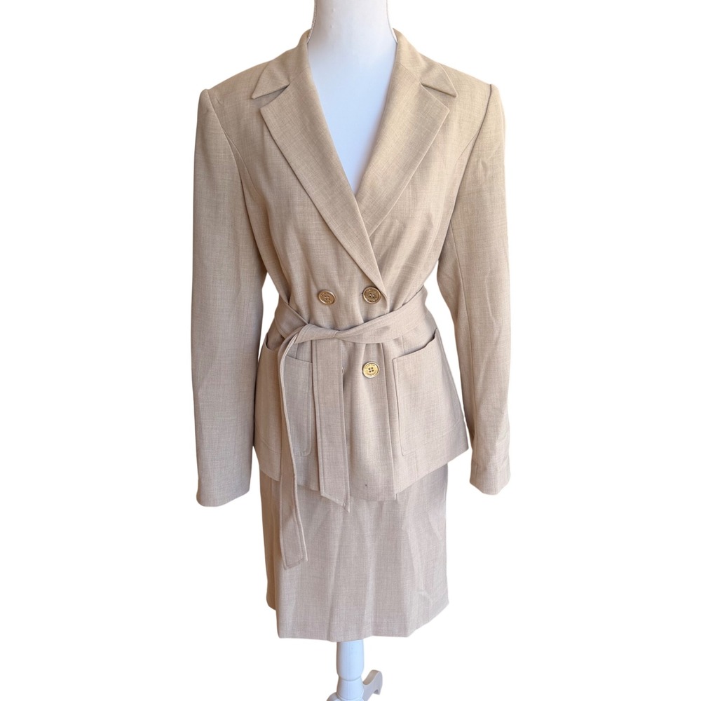 Calvin Klein Beige Stretch 2 Piece Skirt Suit Double Breasted Belted Women's 8 - Picture 1 of 11